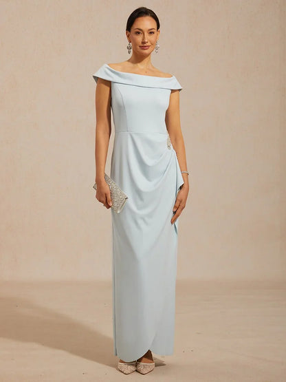 Off Shoulder Ruched Maxi Dress with Rhinestone Embellishment