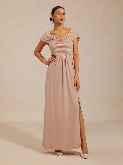 Draped Neck Jersey Evening Dress with Pleated Bodice