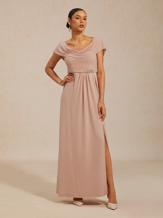 Draped Neck Jersey Evening Dress with Pleated Bodice