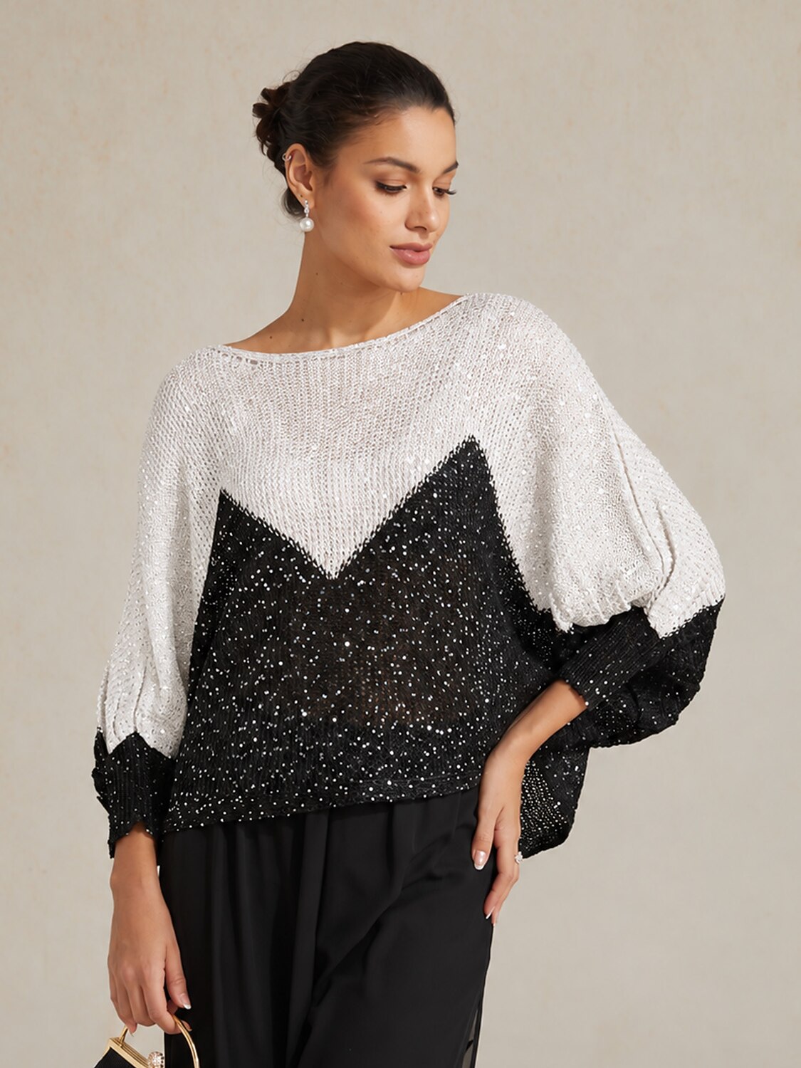 Sequin Colorblock Batwing Sweater