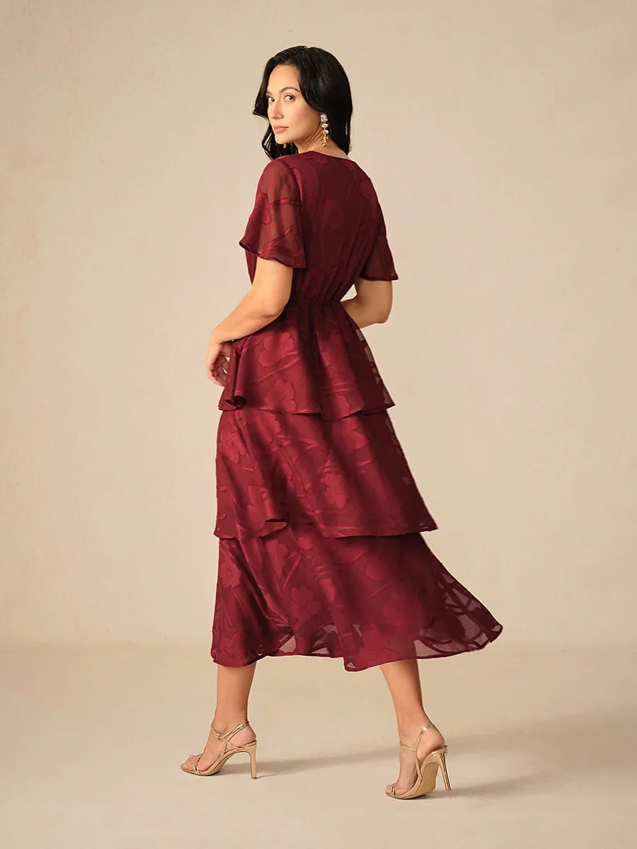 Lace V Neck Ruffle Layered Flutter Dress