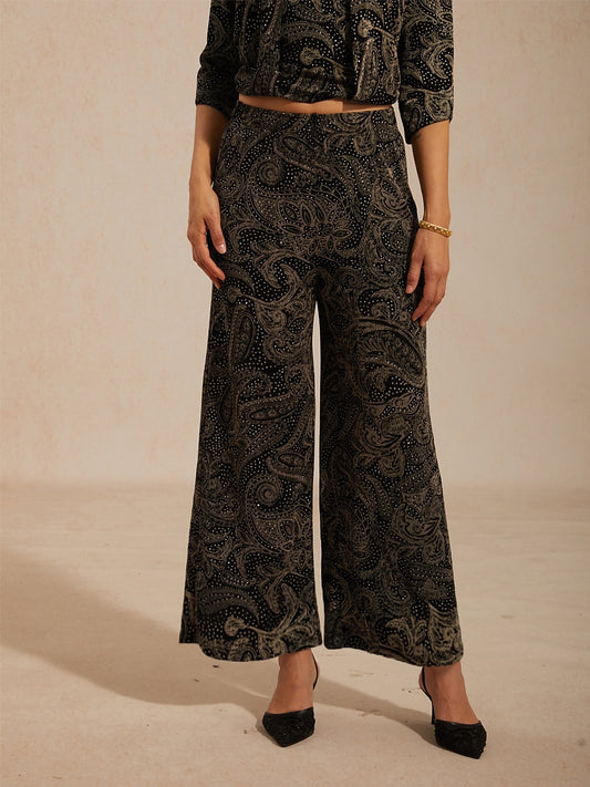 Paisley Straight Leg Knit Pants with Subtle Sequin Detail