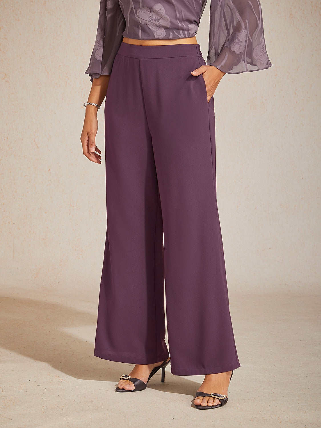 Mid-Rise Elastic Waist Wide-Leg Pants with Pockets