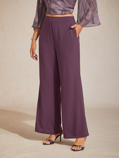 Mid-Rise Broek met Elastische Taille, Wijde Pijpen en Zakken