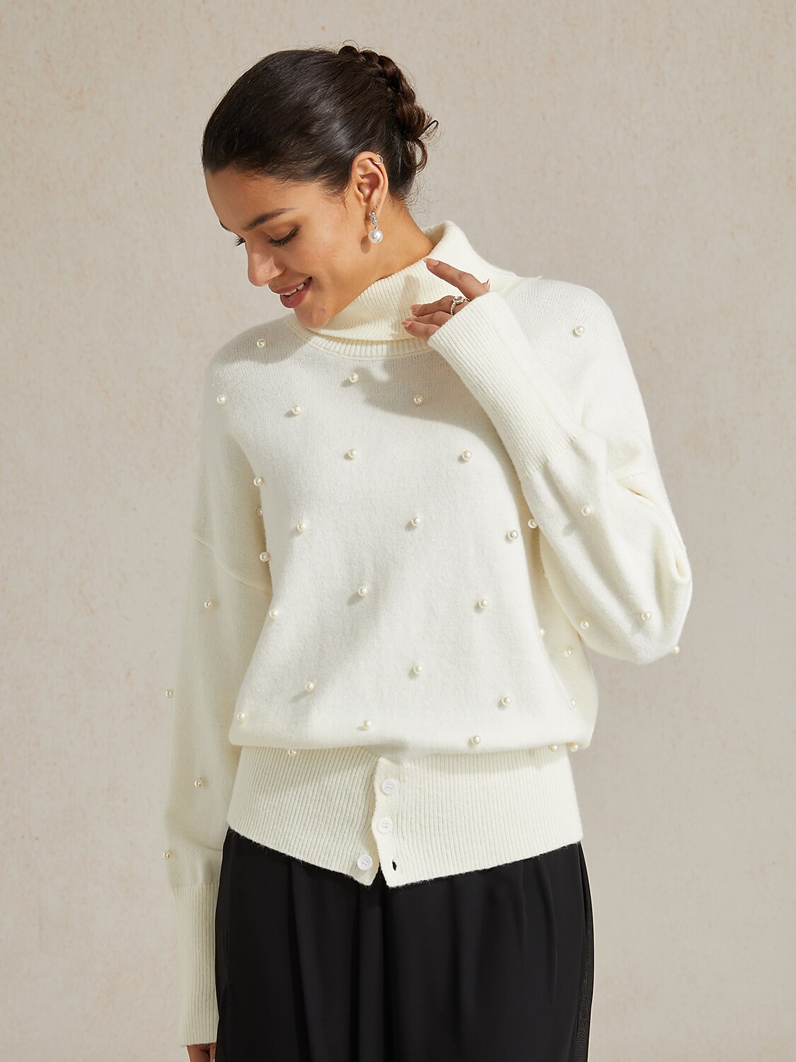 Pearl-embellished Turtle Neck Sweater