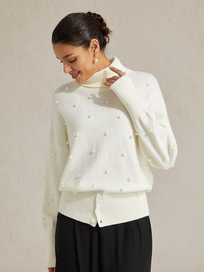 Pearl-embellished Turtle Neck Sweater