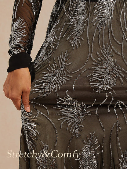 Sequin Mesh Overlay Dress with Crystal Button