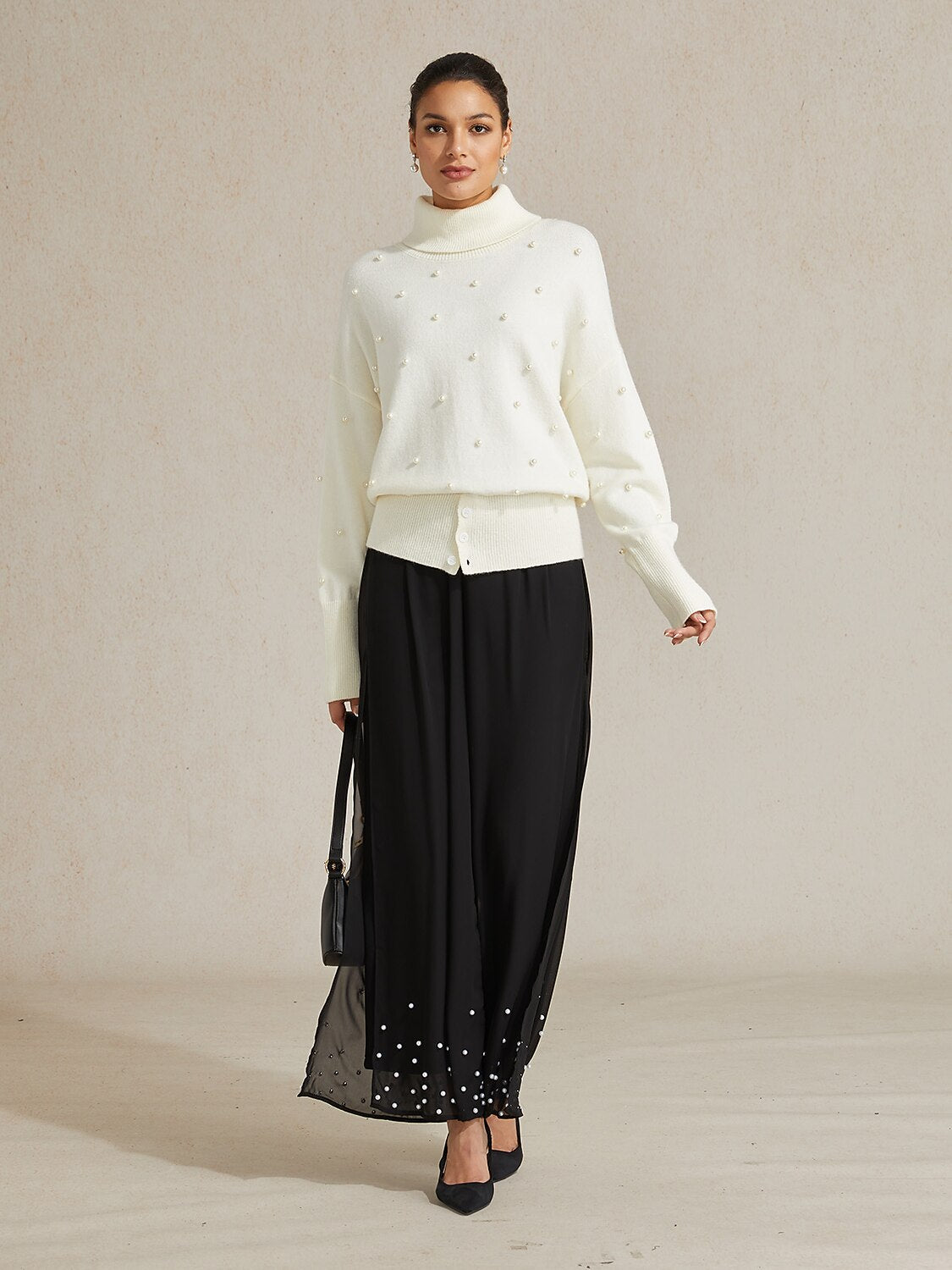 Pearl-embellished Turtle Neck Sweater