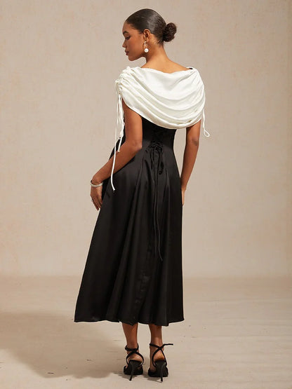 Satin Black and White Dress with Shoulder Tie Design