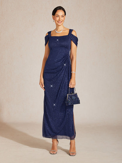 Ankle-Length Cold Shoulder Glitter Mesh Dress