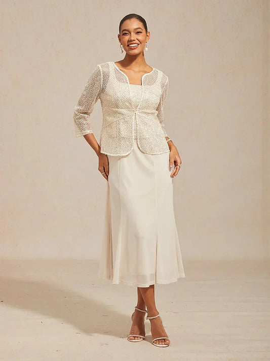 Mesh Sequin 3/4 Sleeve Jacket Dress