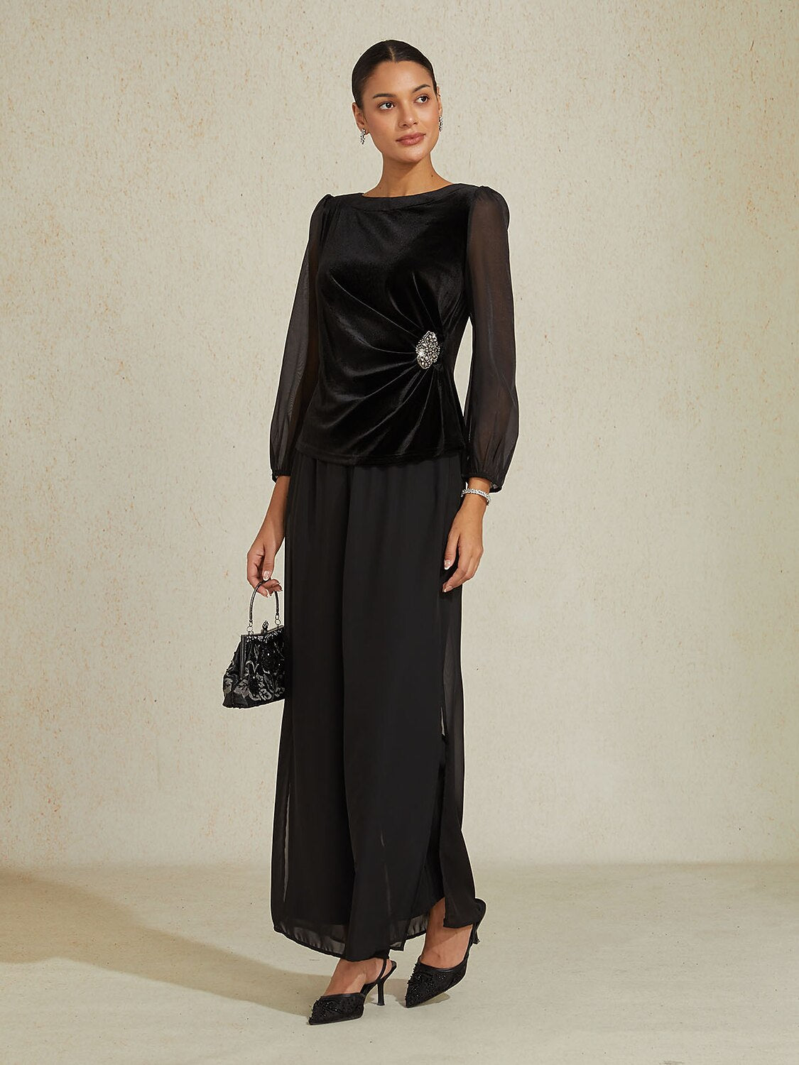 Velvet Chiffon Patchwork Blouse