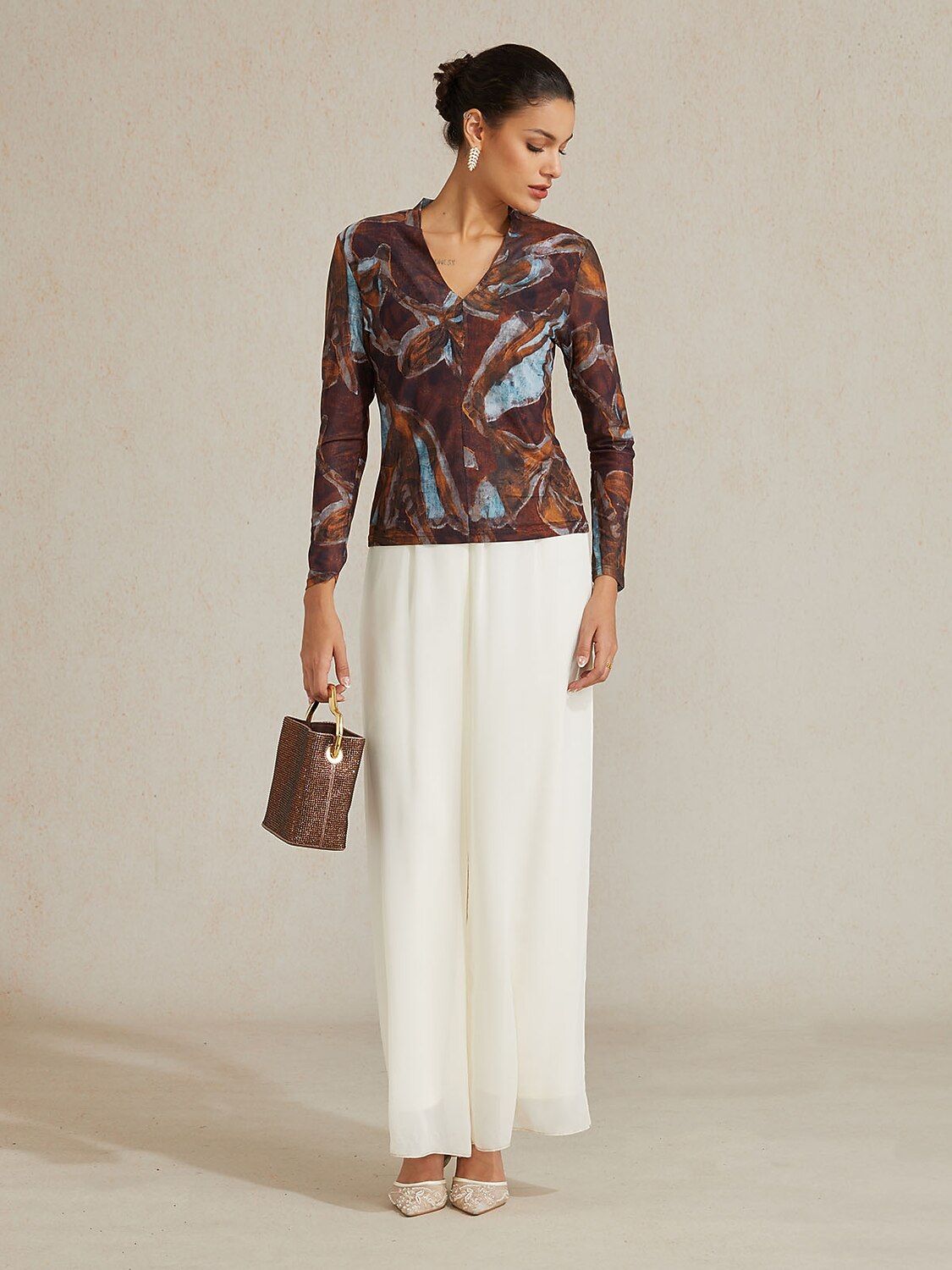 Abstract Print Stretch Knit Top
