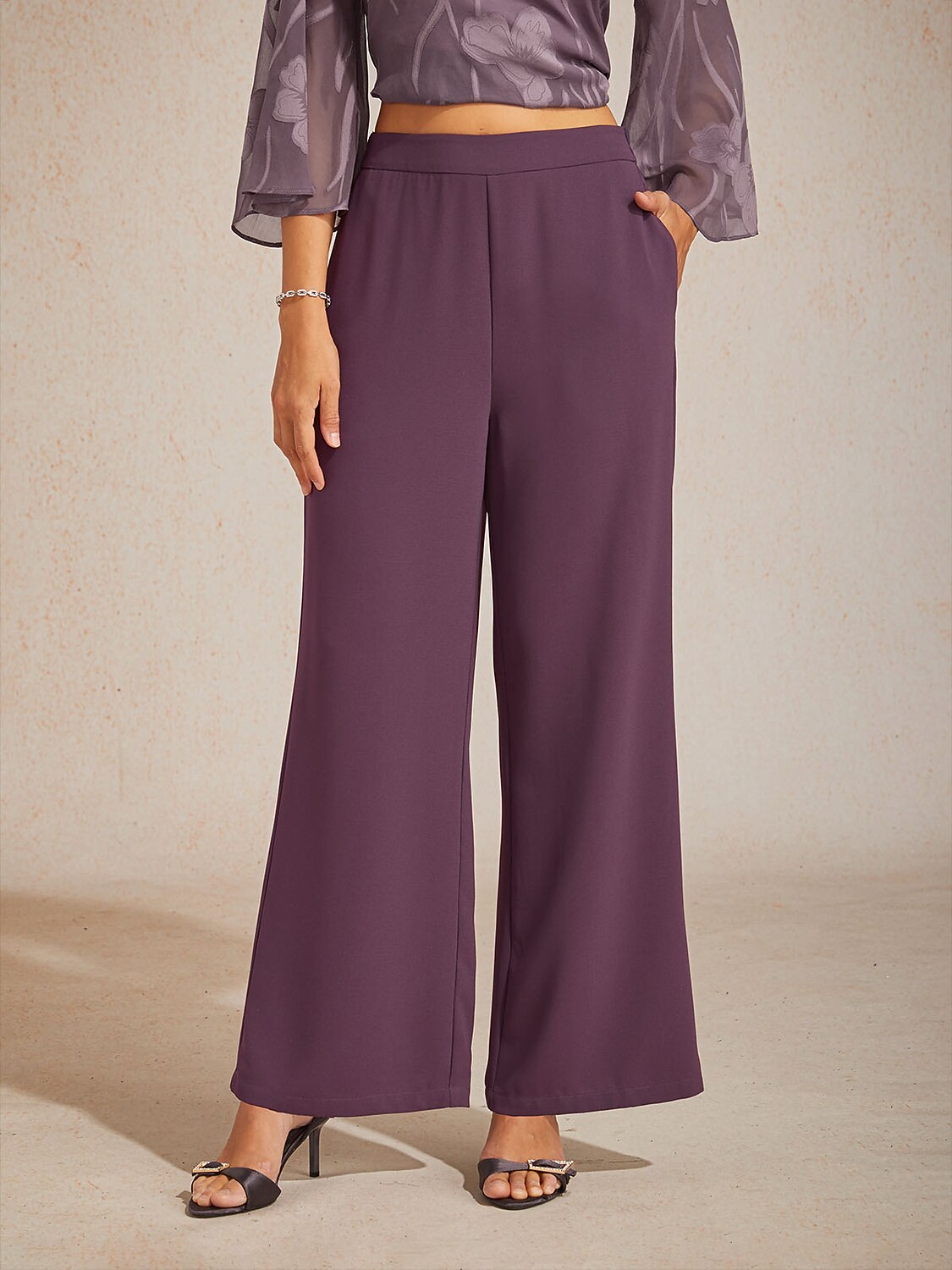 Mid-Rise Elastic Waist Wide-Leg Pants with Pockets