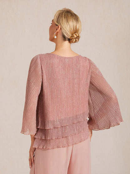Metallic Pleated Chiffon Asymmetrical Layered Blouse