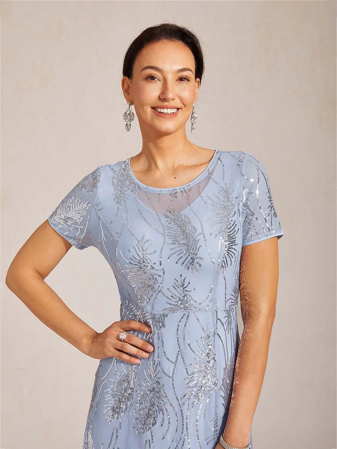 short sleeve scoop mesh maxi dress Short Sleeve A-Line Maxi Dress with Mesh Sequin Detail