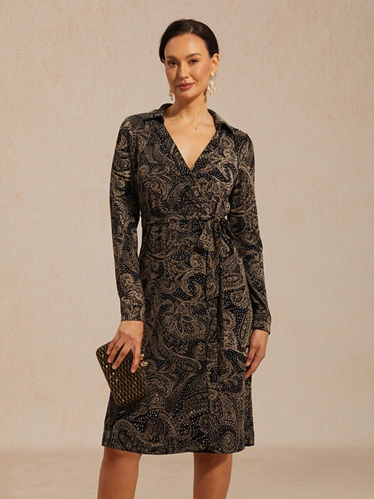 Paisley Wrap Midi Dress with Subtle Sequin Detail