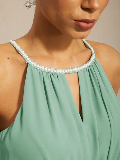 Chiffon Pearl Halter Neck Floor-Length Dress